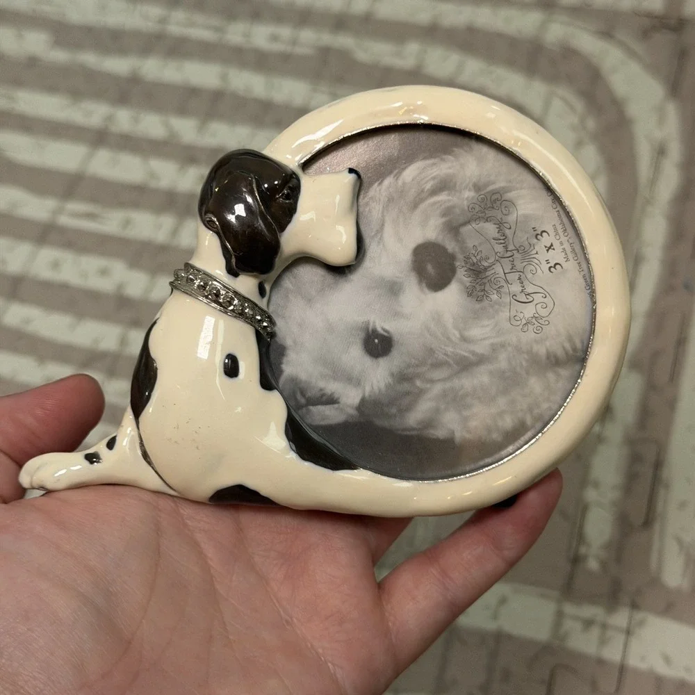 Green Tree Gallery Dog Picture Frame Heavy Cast Metal Resin Ivory Black 5x3.5